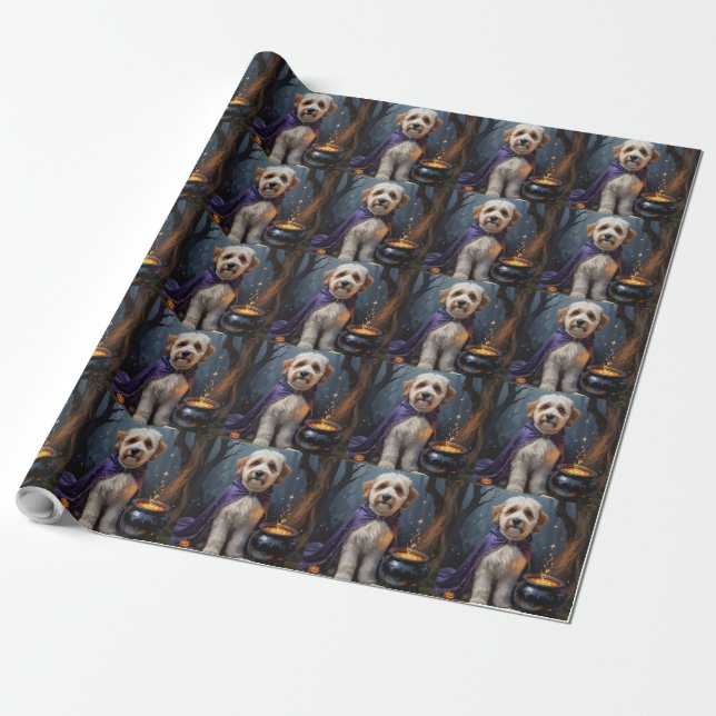 Bernedoodle Dog Whimsical Halloween Painting Wrapping Paper (Unrolled)