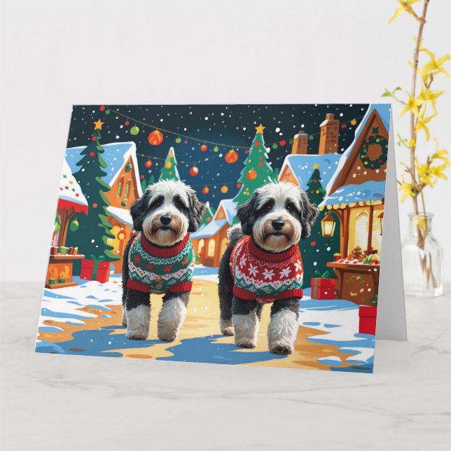 Bernedoodle Dogs Christmas Snow Holiday Card (Yellow Flower)