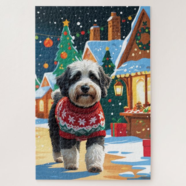 Bernedoodle Dogs Christmas Snow Holiday Jigsaw Puzzle (Vertical)