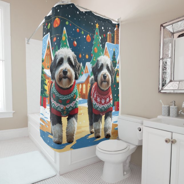 Bernedoodle Dogs Christmas Snow Holiday Shower Curtain (In Situ)