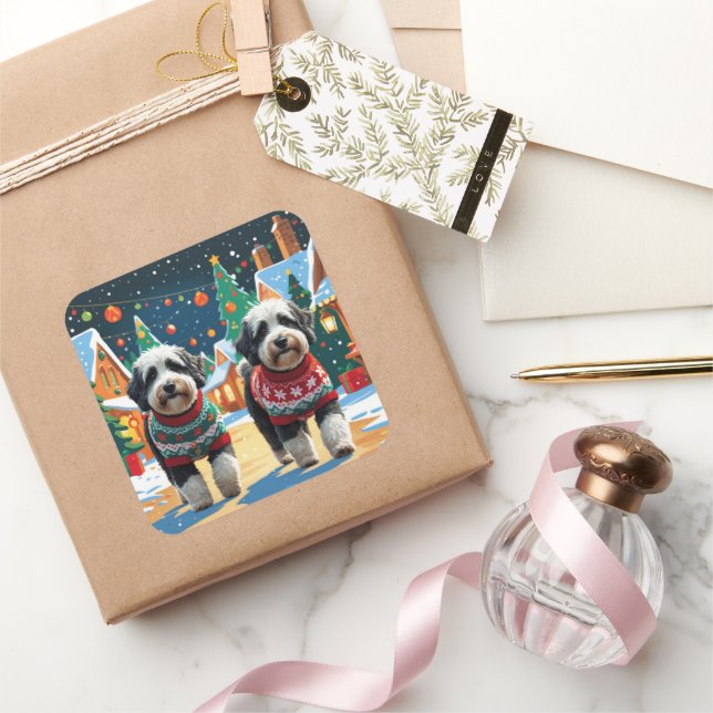 Bernedoodle Dogs Christmas Snow Holiday Square Sticker (Gifting)