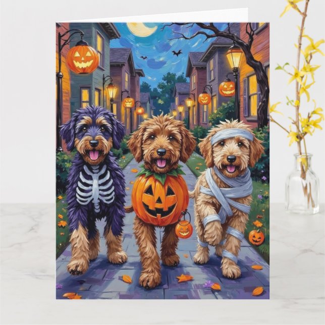 Bernedoodle Dogs Trick-or-Treating in Halloween Co Card (Yellow Flower)