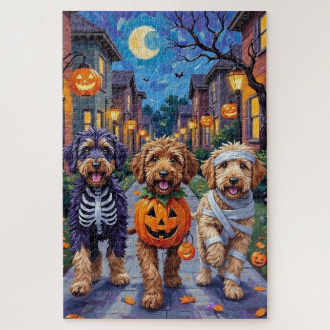 Bernedoodle Dogs Trick-or-Treating in Halloween Co Jigsaw Puzzle (Vertical)