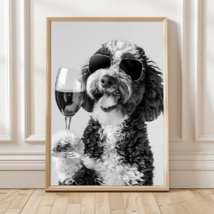 Bernedoodle Drinking Wine Wall Art, Black and Whit Poster