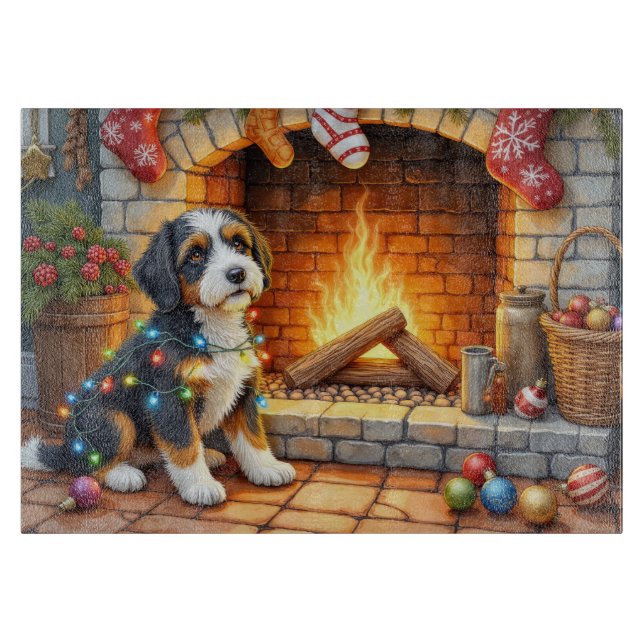 Bernedoodle Fireplace with Christmas Lights Cutting Board (Front)