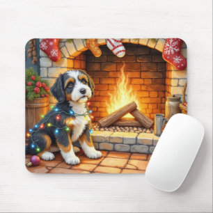 Bernedoodle Fireplace with Christmas Lights Mouse Mat