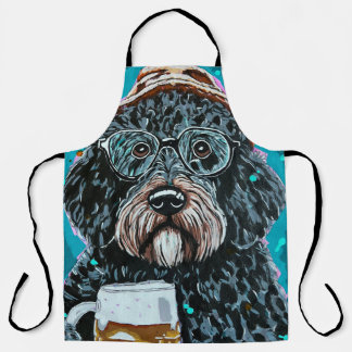 Bernedoodle holding a beer mug apron
