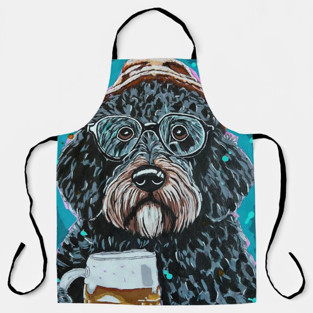 Bernedoodle holding a beer mug apron (Front)