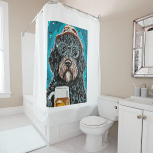 Bernedoodle holding a beer mug shower curtain