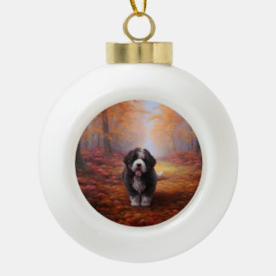 Bernedoodle in Autumn Leaves Fall Inspire  Ceramic Ball Christmas Ornament