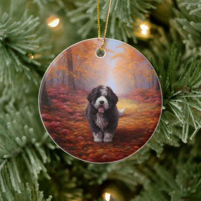 Bernedoodle in Autumn Leaves Fall Inspire  Ceramic Tree Decoration (Tree)