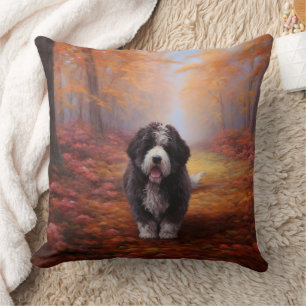 Bernedoodle in Autumn Leaves Fall Inspire  Cushion