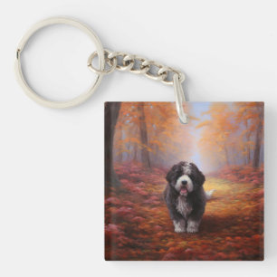 Bernedoodle in Autumn Leaves Fall Inspire  Key Ring