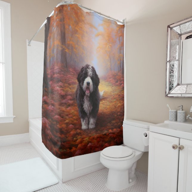 Bernedoodle in Autumn Leaves Fall Inspire  Shower Curtain (In Situ)