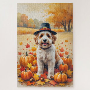 Bernedoodle In Autumn Leaves Thanksgiving Art  Jigsaw Puzzle