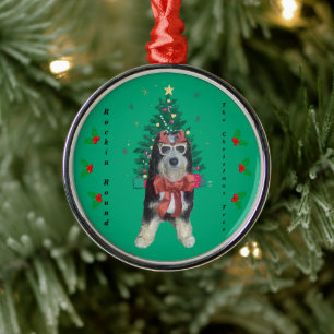 Bernedoodle in Christmas Outfit Rockin Round Tree Metal Tree Decoration