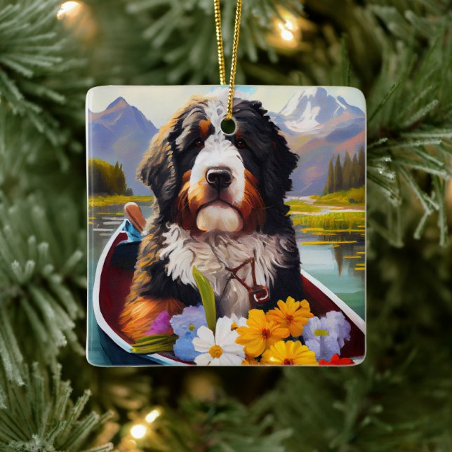Bernedoodle on a Paddle: A Scenic Adventure Ceramic Ornament (Tree)