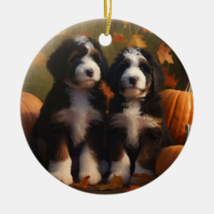 Bernedoodle Puppy Autumn Delight Pumpkin Ceramic Tree Decoration