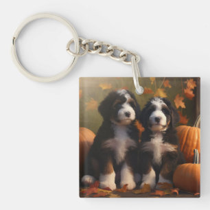 Bernedoodle Puppy Autumn Delight Pumpkin Key Ring
