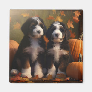 Bernedoodle Puppy Autumn Delight Pumpkin Magnet