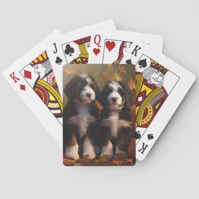 Bernedoodle Puppy Autumn Delight Pumpkin Playing Cards (Back)
