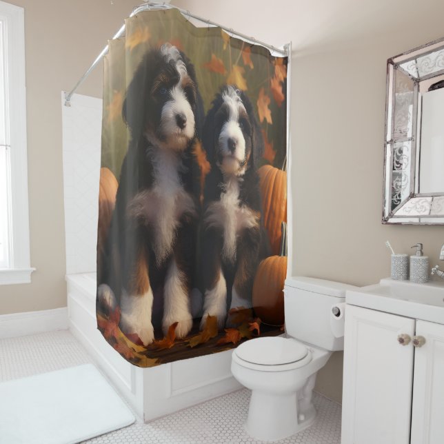 Bernedoodle Puppy Autumn Delight Pumpkin Shower Curtain (In Situ)