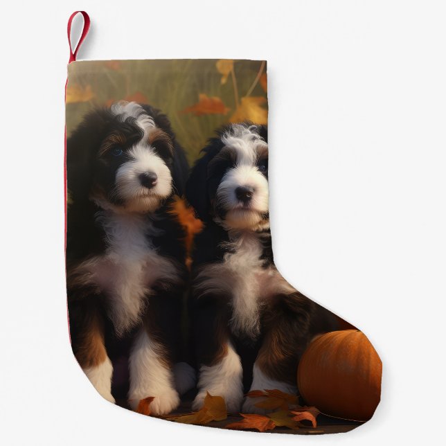 Bernedoodle Puppy Autumn Delight Pumpkin Small Christmas Stocking (Front)