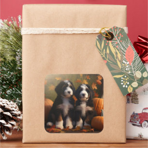 Bernedoodle Puppy Autumn Delight Pumpkin Square Sticker