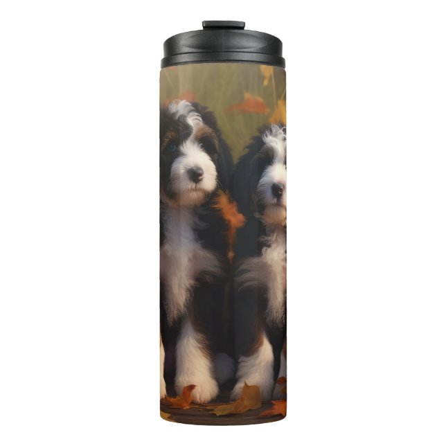 Bernedoodle Puppy Autumn Delight Pumpkin Thermal Tumbler (Front)