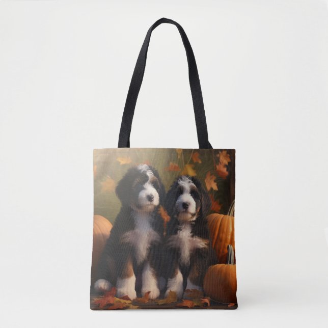 Bernedoodle Puppy Autumn Delight Pumpkin Tote Bag (Front)