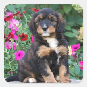 Bernedoodle puppy in petunias square sticker