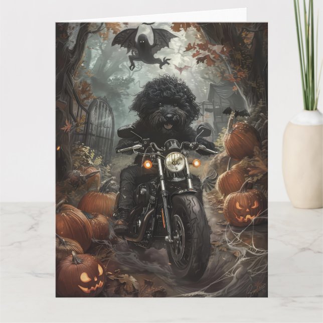 Bernedoodle Riding Motorcycle Halloween Scary Card (Front)