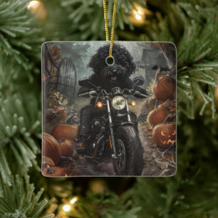 Bernedoodle Riding Motorcycle Halloween Scary Ceramic Ornament