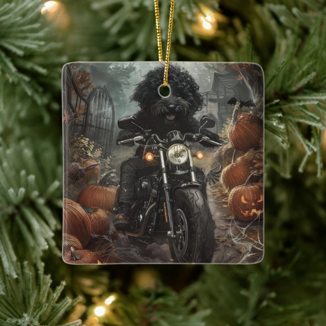 Bernedoodle Riding Motorcycle Halloween Scary Ceramic Ornament (Tree)