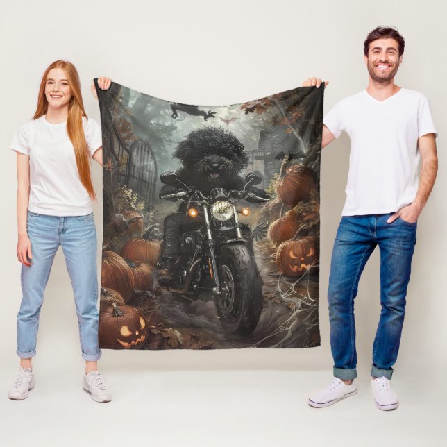 Bernedoodle Riding Motorcycle Halloween Scary Fleece Blanket (In Situ)