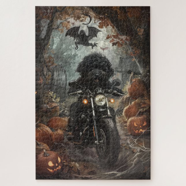 Bernedoodle Riding Motorcycle Halloween Scary Jigsaw Puzzle (Vertical)