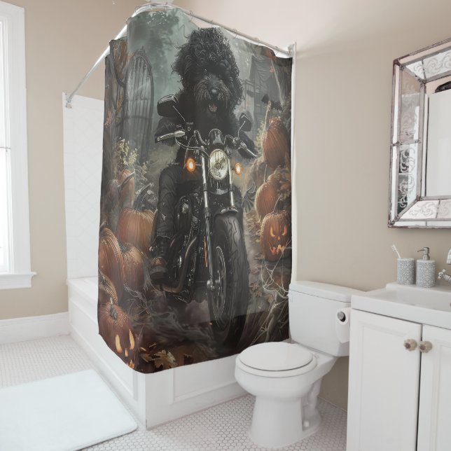 Bernedoodle Riding Motorcycle Halloween Scary Shower Curtain (In Situ)