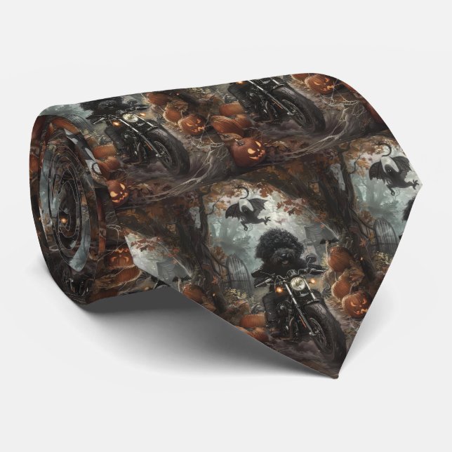 Bernedoodle Riding Motorcycle Halloween Scary Tie (Rolled)