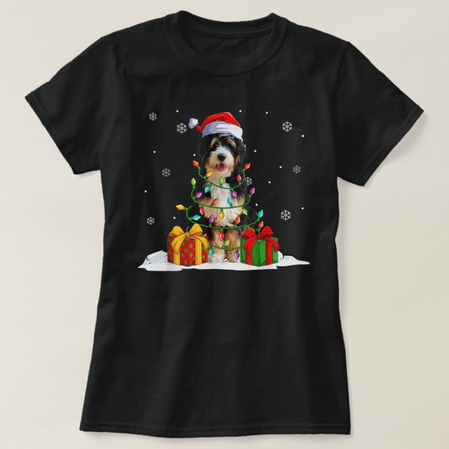 Bernedoodle Santa Christmas Tree Lights Xmas Pajam T-Shirt (Design Front)