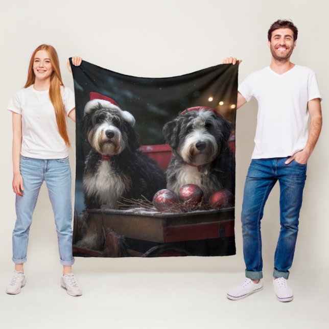 Bernedoodle Snowy Sleigh Christmas Decor   Fleece Blanket (In Situ)