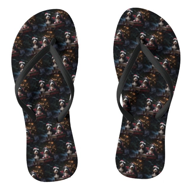 Bernedoodle Snowy Sleigh Christmas Decor   Flip Flops (Footbed)