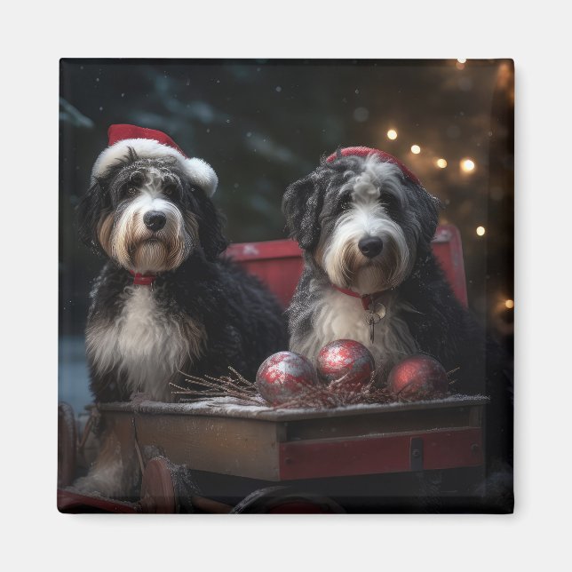 Bernedoodle Snowy Sleigh Christmas Decor   Magnet (Front)