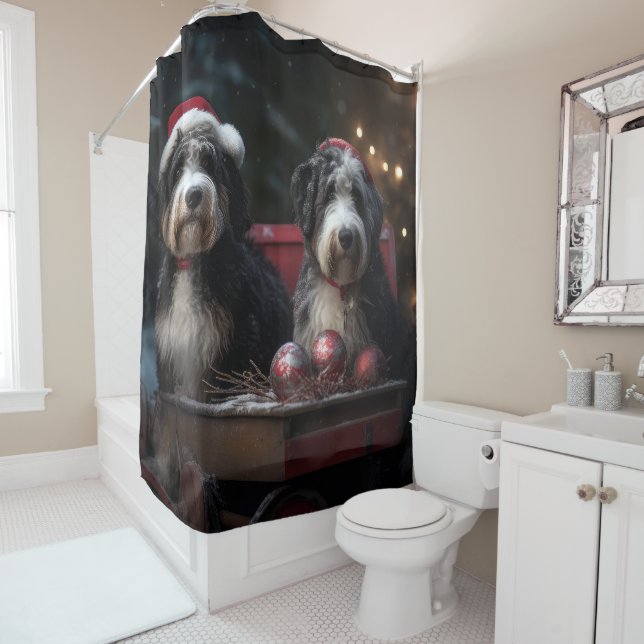 Bernedoodle Snowy Sleigh Christmas Decor   Shower Curtain (In Situ)
