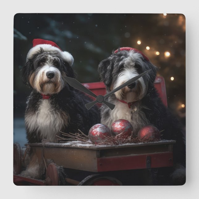 Bernedoodle Snowy Sleigh Christmas Decor   Square Wall Clock (Front)