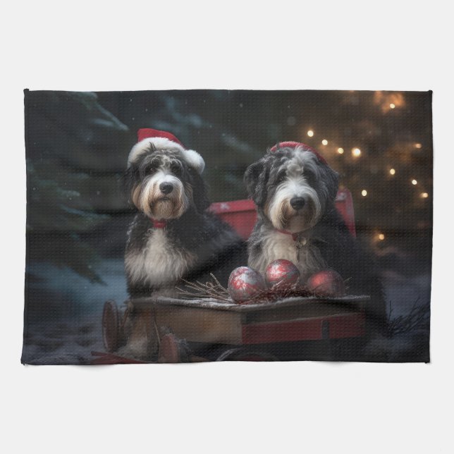 Bernedoodle Snowy Sleigh Christmas Decor   Tea Towel (Horizontal)