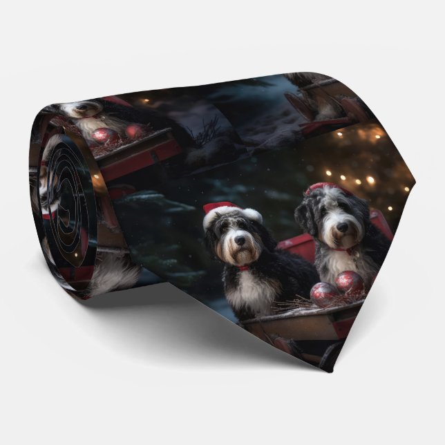 Bernedoodle Snowy Sleigh Christmas Decor   Tie (Rolled)