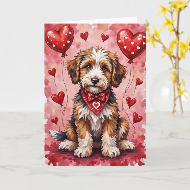 Bernedoodle Valentine Dog Sitting with Hearts Red Card (Yellow Flower)