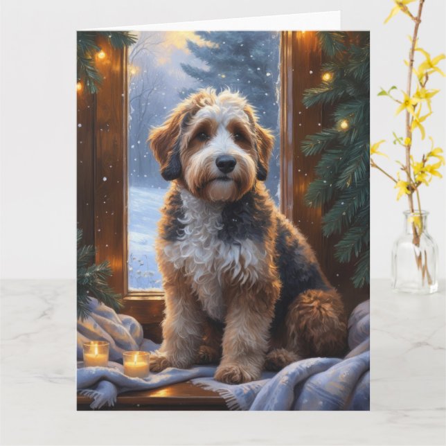 bernedoodle With Christmas Lights Holiday Card (Yellow Flower)
