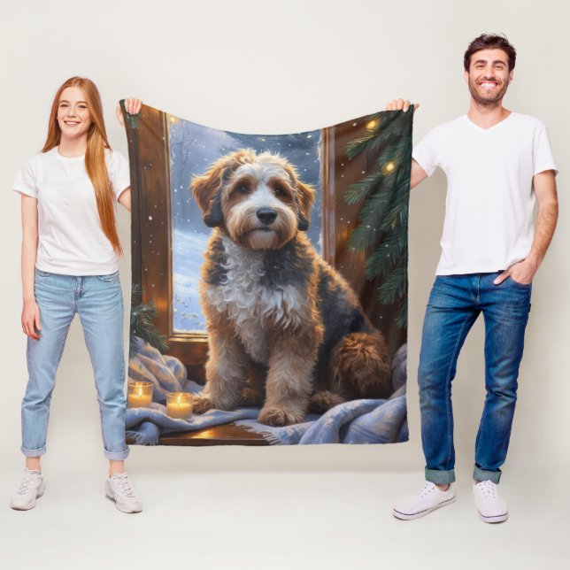 bernedoodle With Christmas Lights Holiday Fleece Blanket (In Situ)