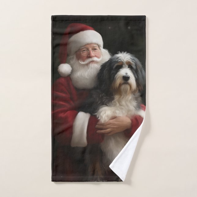Bernedoodle with Santa Claus Festive Christmas  Bath Towel Set (Hand Towel)